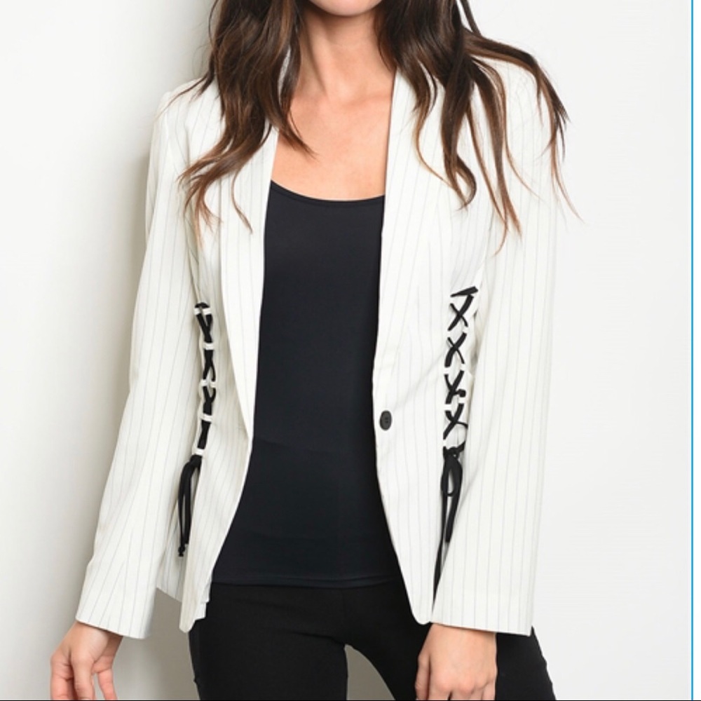 Pinstripe Lace Up Blazer - White